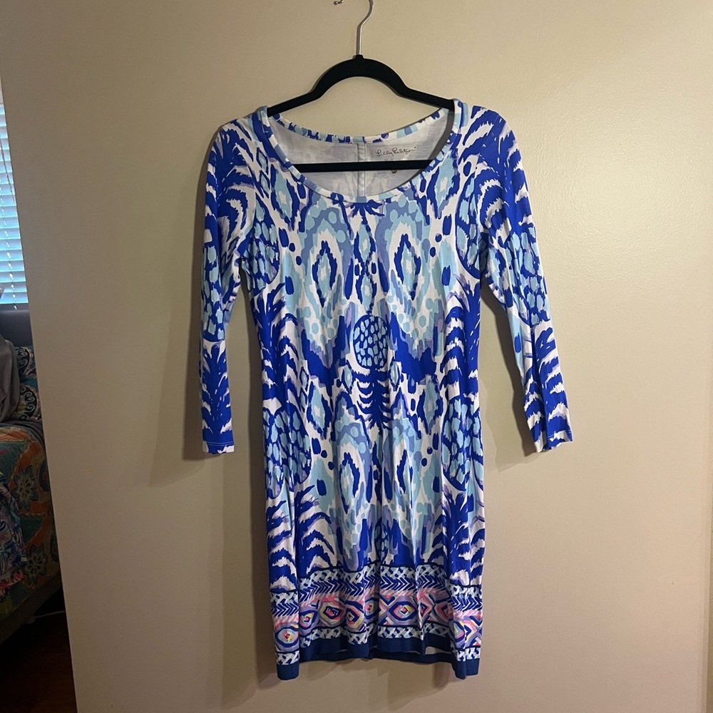 Lilly Pulitzer Blue and White Sheath Dress with 3/4 Sleeves